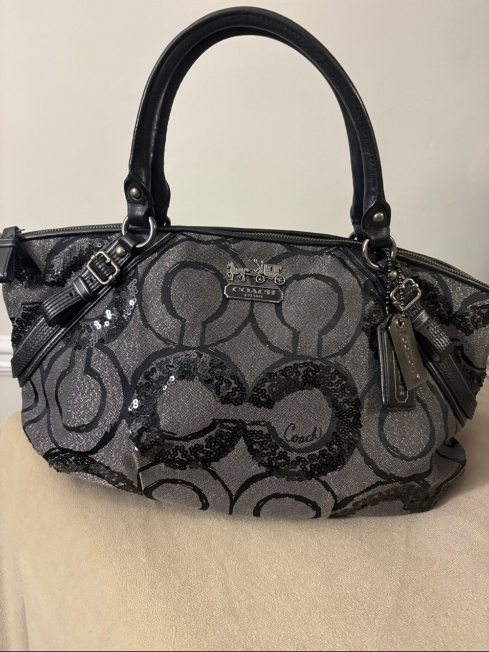 Coach Black and Gray Sequin Signature Satchel